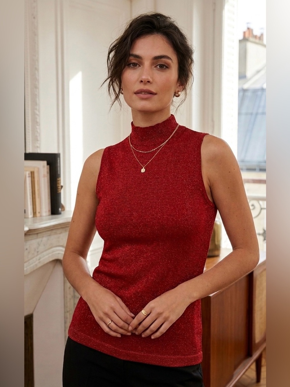Sinéquanone Paris Red‎ Metallic Shimmer Sleeveless Mock Neck Top size S